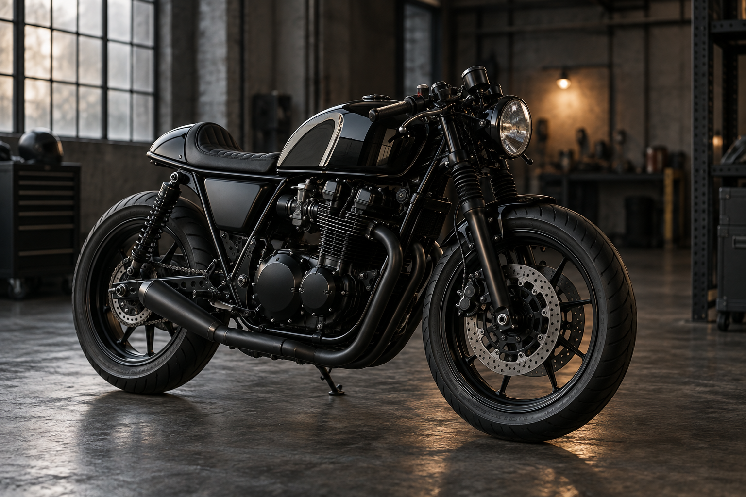 Custom black cafe racer motorcycle outside an industrial garage